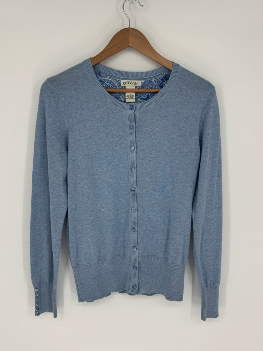 Orvis Women’s Size Small Button Front Cardigan Sweater Light Blue F1